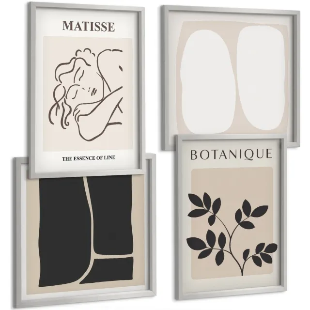 TULUP 4-Delige Schilderij Set - Stijlvolle minimalistische schilderijen met plantmotieven van Matisse - 40 x 40 cm en 40 x 60 cm - Stijlvolle Wanddecoratie - Interieur - Muurdecoratie Zilveren lijst