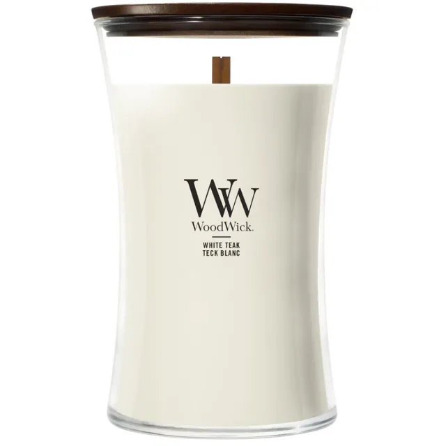 Woodwick Hourglass Large Geurkaars - White Teak - 130 branduren wit creme