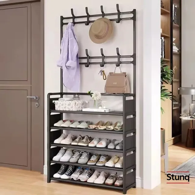 Stunq Zwart metalen entree-rek met 8 haken en 4 legplanken