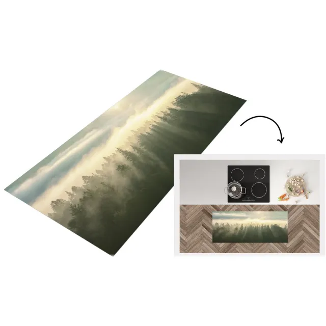 KitchenYeah Keukenloper - Loper keuken - Bos - Mist - Zon - Keukenloper vinyl Multicolor