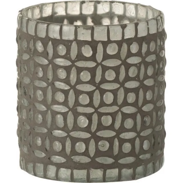 J-Line Windlicht / theelichthouder / waxinelichtjeshouder met bolletjes en strepen - Grijs / transparant - 8.5 x 8.5 x 9 cm hoog.