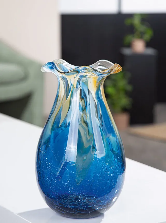 Rawa Geschenken handgemaakte glazen vaas oceaan life 13x23 cm beige creme blauw special by rawa bloemenvaas decoratie vaas