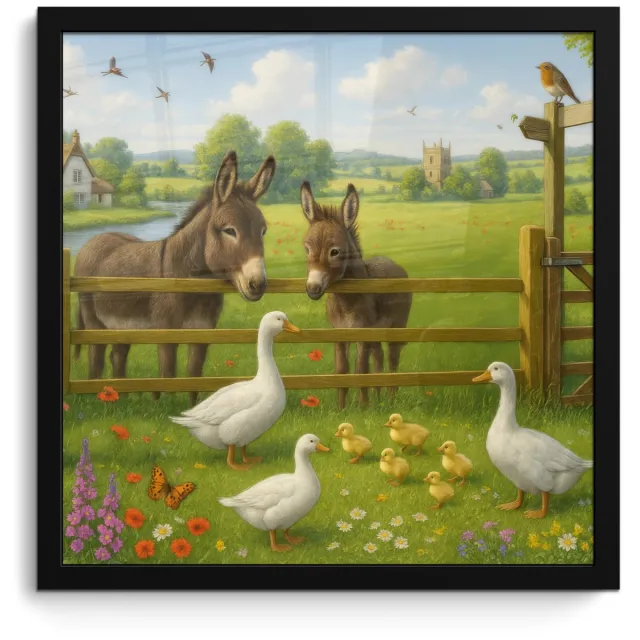 FrameYourWall Poster in lijst - Fotolijst 40x40 cm - Posters - Ezels - Ganzen - Kleurrijk - Posterlijst zwart - Decoratie - Wanddecoratie woonkamer - Muurdecoratie slaapkamer