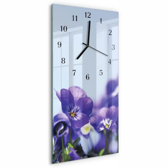 TULUP Wandklok - Bloemen Gekleurde Glazen Klok - 30x60 cm - Paars Glazen Klok Met Print - Zwarte Handen - Rechthoekige Wandklok - Gekleurde Glazen Klok - Glazen Klok Met Print Paars - Bloemen
