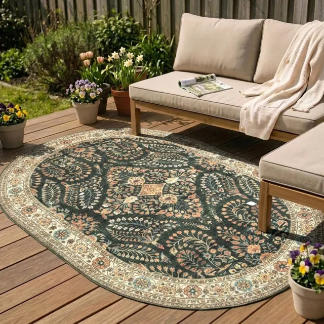 Fraai Ovaal vintage buitenkleed - Santo Flora Donkergroen - 200x290cm
