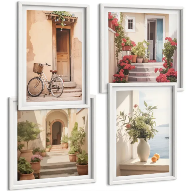 TULUP 4-Delige Schilderij Set - Charmante straatjes langs de kust met bloemen en fietsen. - 40x40 en 40x60 - Moderne Wanddecoratie - Woonkamer - Decoratieve Schilderijen Witte lijst