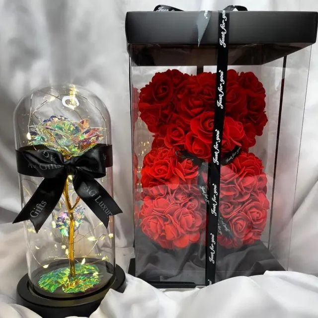 AG Luxurygift AG Luxurygifts rozen beer - galaxy rose - luxe - cadeau - liefde - Led lampjes - beer 25 cm - galaxy 22 cm Rood , Galaxy
