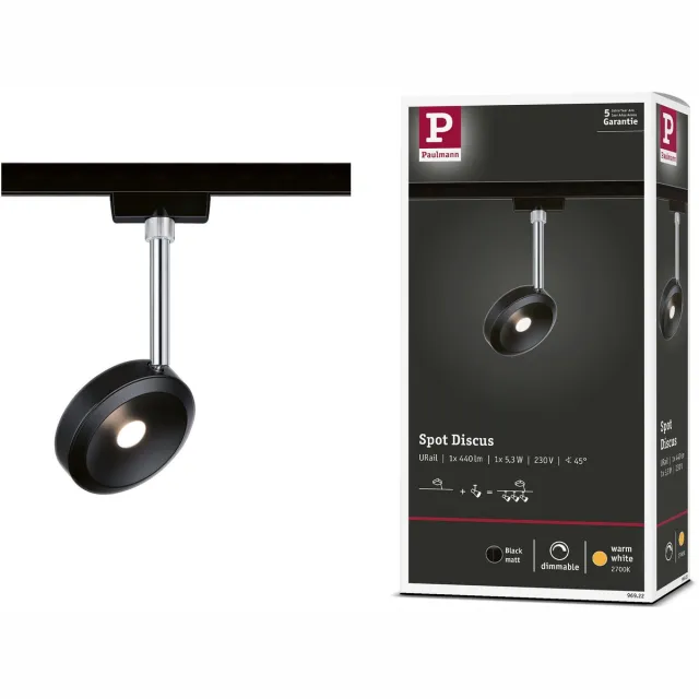 Paulmann URail Railspot Discus Losse spot 375,6lm 5,3W 2700K dimbaar 230V Zwart mat, Chroom