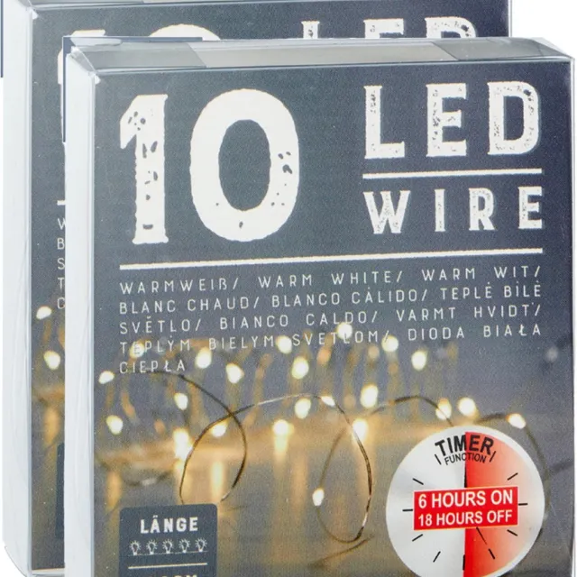 Cepewa Draadverlichting lichtsnoer - 2x - 120 cm - 10 leds - warm wit - batterij - timer - kerstverlichting/sfeerverlichting