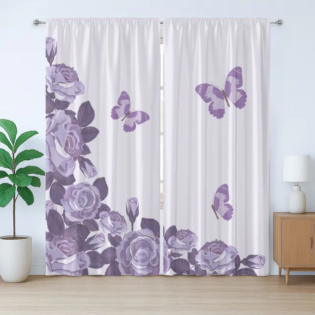 ABAKUHAUS Rustiek Lila Gordijn, Bruidsrozen en Vlinders, met Bandjes, Lussen en Haken voor de Woonkamer, 280 x 245 cm, Lila en Violet