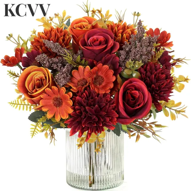 KCVV kunstbloemen herfst-kunstbloemen-kunstbloemen boeket-Een set van 3 kunstmatige herfstbloemen - vaas niet inbegrepen - boeket rozen met madeliefjes - perfect voor herfstdecoraties, bruiloften, Thanksgiving-decoraties - oranje - 33 cm