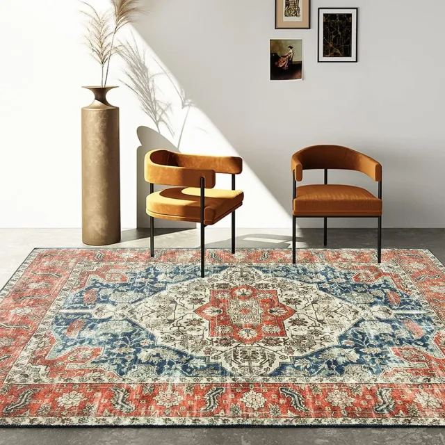 CHOSHOME Wasbaar tapijt voor woonkamer, 120 x 170 cm, vintage, laagpolig tapijt met oosters design, groot, zacht tapijt voor eetkamer, slaapkamer, antislip, kunstwol, boho, outdoor tapijt, oranje