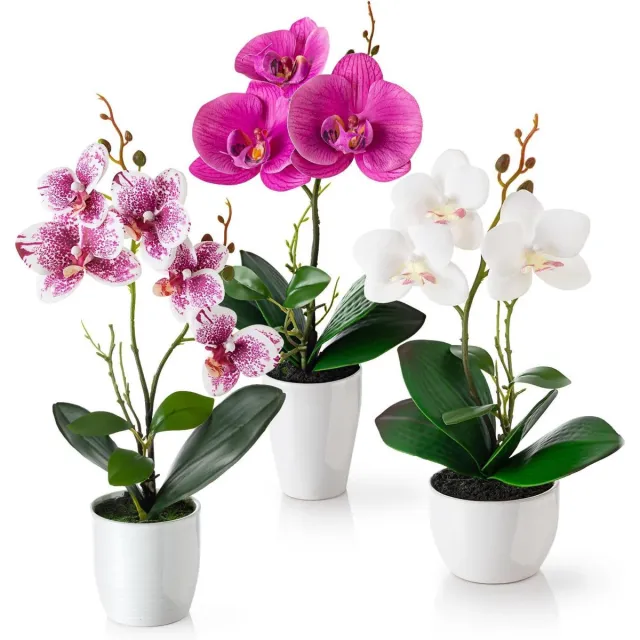 Famanu Kunstbloemen in pot (35 cm) - set van 3 kunstorchideeën - kunstmatig afgestemde arrangement in hoogglans - keramische potten - decoratieve bloemen - kunstorchideeën (wit - rosé) witte roos