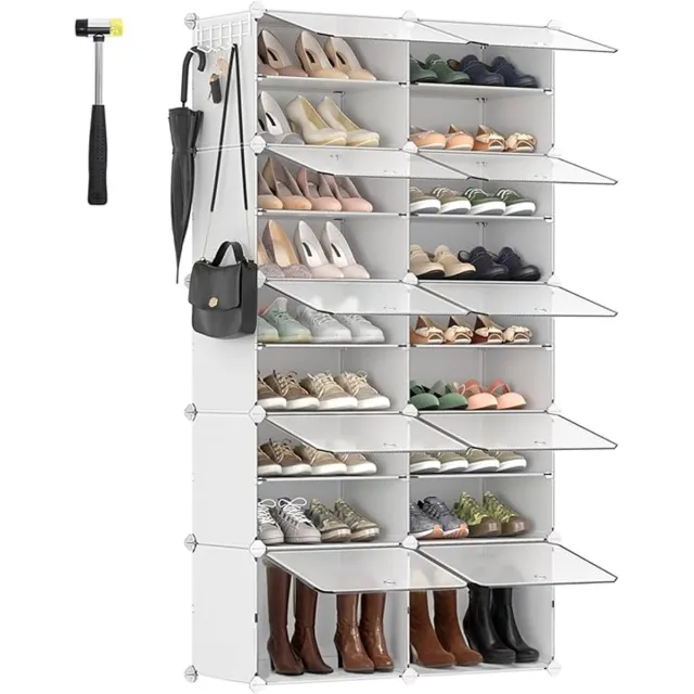 Famanu Schoenenrek met 10 vakken, schoenenkast, 30 x 40 x 30 cm per vak, smal, met deuren, stalen frame, kunststof, voor hal, slaapkamer, entree, wit