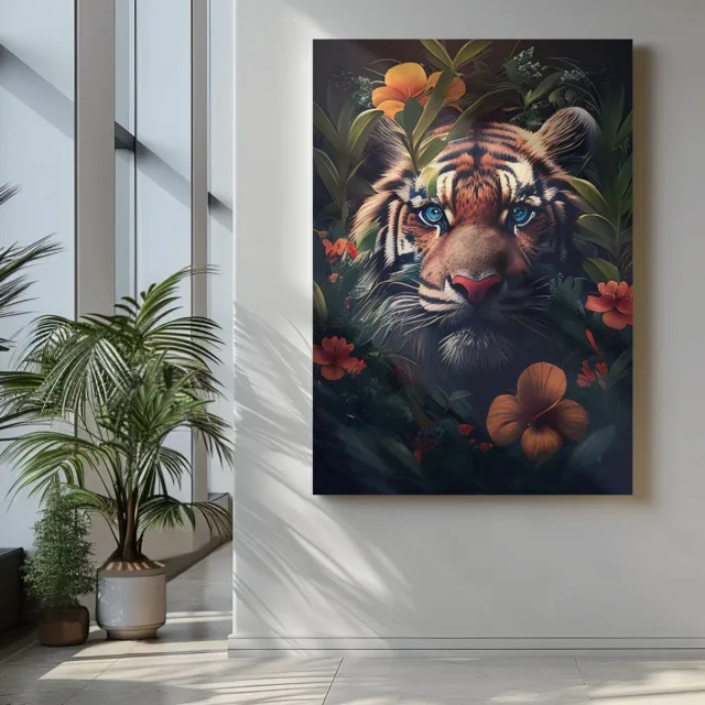 Trendex Global Canvas Schilderij - Dieren - Tijger Tussen Bloemen - 120x80x2 cm Kleurrijk