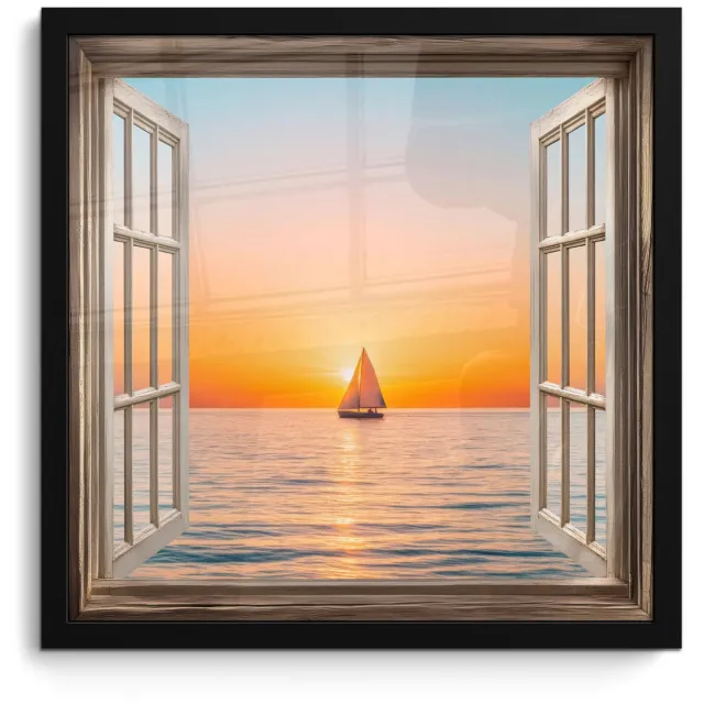 FrameYourWall Poster in lijst - Fotolijst 40x40 cm - Posters - Doorkijk - Zee - Boot - Zonsondergang - Posterlijst zwart - Decoratie - Wanddecoratie woonkamer - Muurdecoratie slaapkamer Zonsondergang - Boot