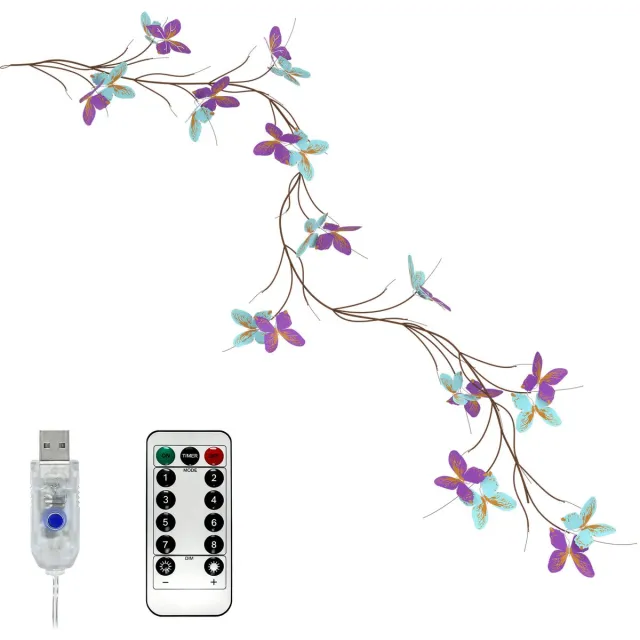 Arvioo Vlinder takslang 1,6m - 36 LED warmwit - USB-afstandsbediening - decoratieve lichtslang