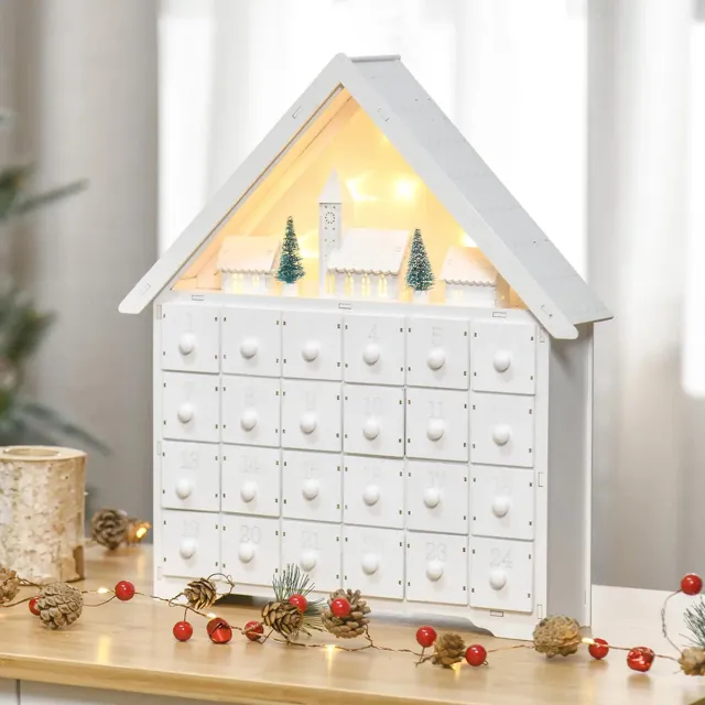 Sweiko Adventskalender - Kerstversiering - 24 lades - LED-verlichting - Wit