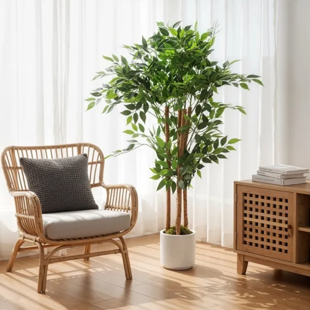 MODENUIT Kunstplant Banyanboom – 120 cm – Verstelbare Bladeren – Hout en Kunststof – Groen – Witte Pot – Voor Binnen
