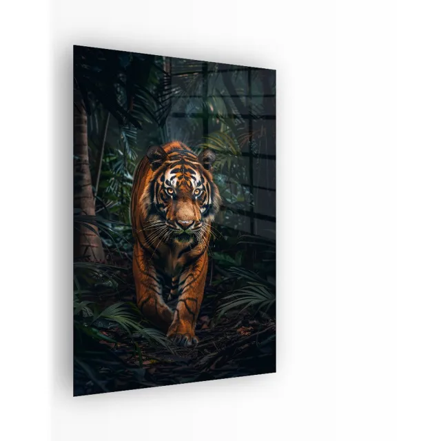 Indoorart Glasschilderij Tijger in de Jungle 40x60 CM - Afbeelding op plexiglas - Inclusief montagemateriaal zwart, wit, oranje, bruin, groen