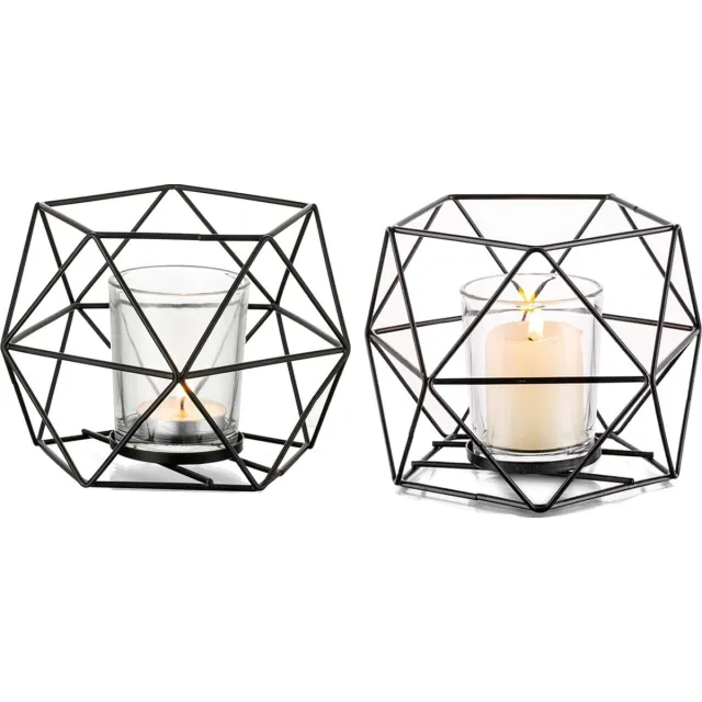 CLORD Theelichthouder - Set van 2 geometrische theelichtjes - Zwart metaal - Modern geo ontwerp