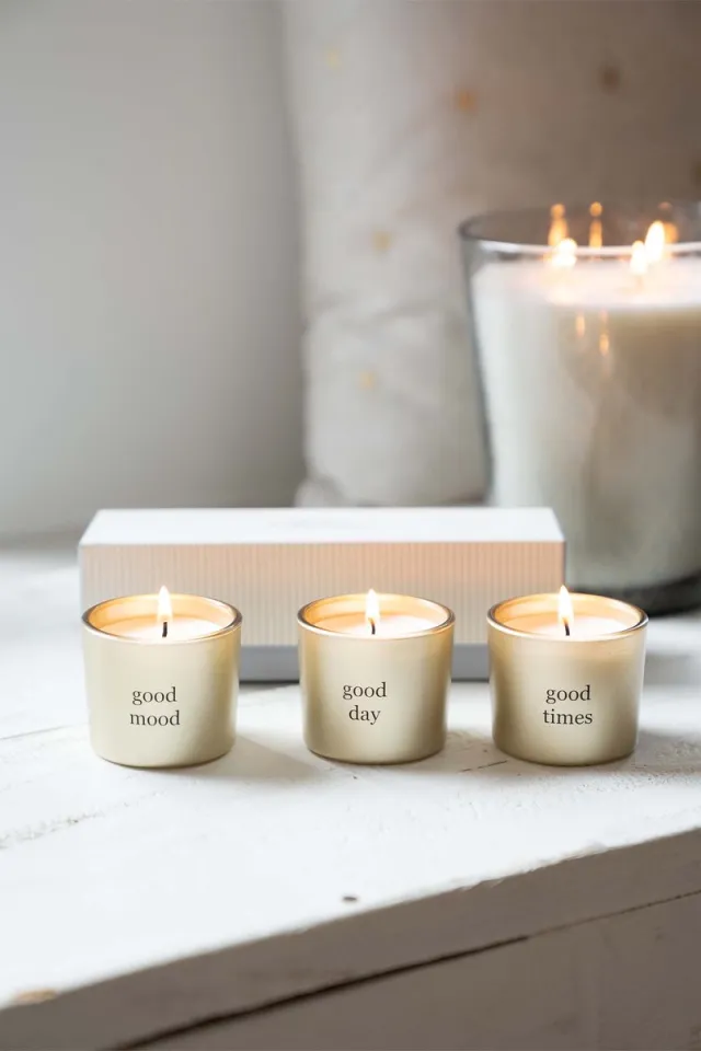Zusss set van 3 glaskaarsjes in doosje blauw / wit / goud - White / Gold - 24X7x7cm