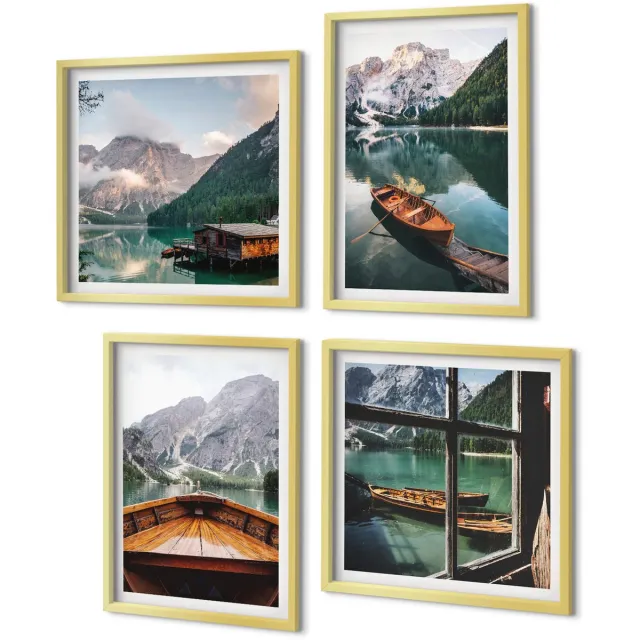 Coloray 4-Delige Schilderij Set - Uitzicht op een bergmeer met boten, een huisje en een raam. - 40 x 40 cm en 40 x 60 cm - Muurdecoratie - Interieur Decoratie Gouden lijst