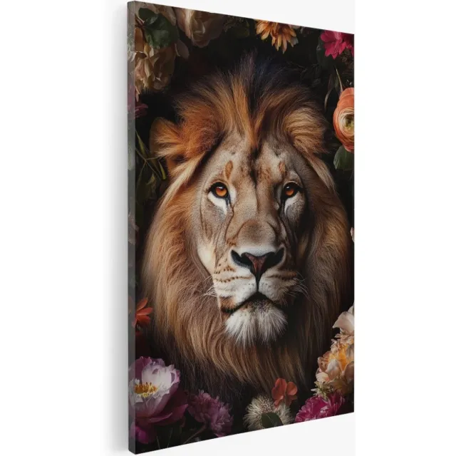 Saammp Canvas Schilderij - Abstracte Leeuw tussen de bloemen - Dieren - Natuur - 40x50 - Foto op canvas - Wanddecoratie - Muurdecoratie Woonkamer - Slaapkamer decoratie - Canvas Print Multicolor