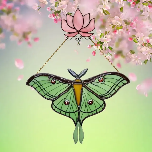 MiBeRu Glazen Suncatcher Vlinder met Bloem – Kleurrijke Raamhanger – Groen
