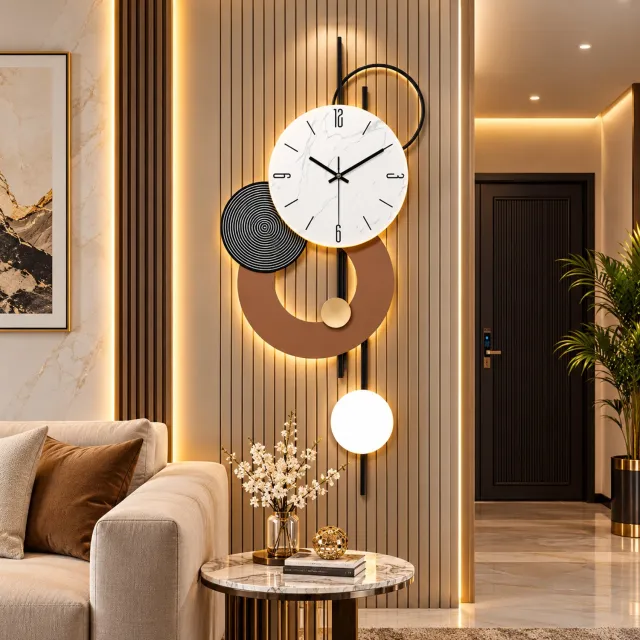 Rojellaa Moderne Wandklok met Geometrische Vormen en Stille Quartz Beweging - Zwart Bruin Wit
