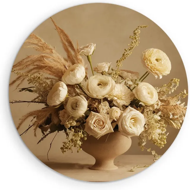 Saammp Muurcirkel Hout - Beige Bloemen in mooie vaas - Abstract - Ø 70 - Wandcirkel - Wanddecoratie Cirkel - Muurdecoratie Woonkamer - Kantoor Decoratie