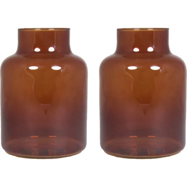 Floran Bloemenvaas Milan - 2x - transparant bruin glas - D15 x H20 cm - melkbus vaas met smalle hals