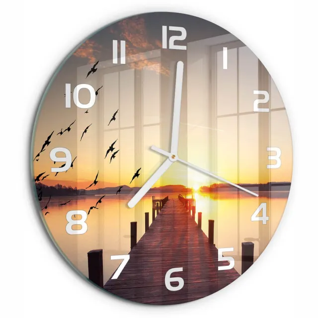 TULUP Wandklok - Zonsondergang Wandklok Glas Met Motief - fi30 cm - Geel Decoratieve Glazen Klok - Witte handen - Ronde Klok - Gekleurde Glazen Klok - Glazen Klok Met Print
