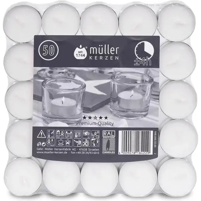 Müller Theelichtjes 4u - 50 Stuks Wit