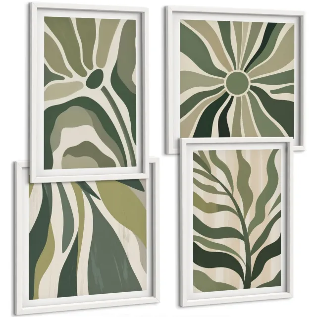 Coloray 4-Delige Schilderij Set - Geschilderde Illustraties Van Bladeren In Verschillende Tinten Groen. - 40 x 40 En 40 x 60 - Decoratieve Schilderijen - Wanddecoratie - Hal - Stijlvolle Muurdecoratie Witte lijst