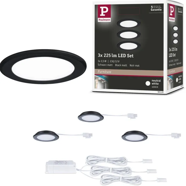 Paulmann LED-meubelinbouwlampen Set van 3 rond 65 mm 3x2,5W 3x180lm 230/12V 4000K Zwart mat