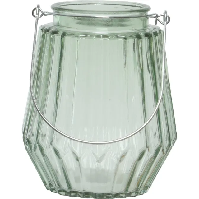 Decoris Waxinelichthouder - ruitjes glas - mistgroen - metalen handvat - 11 x 13 cm Lichtgroen