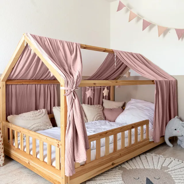 Lilimaus Huisbed hemeltje - set van 2 banen - bedhemel voor huisbed - 67,5x270 cm - mousseline katoen - poederroze