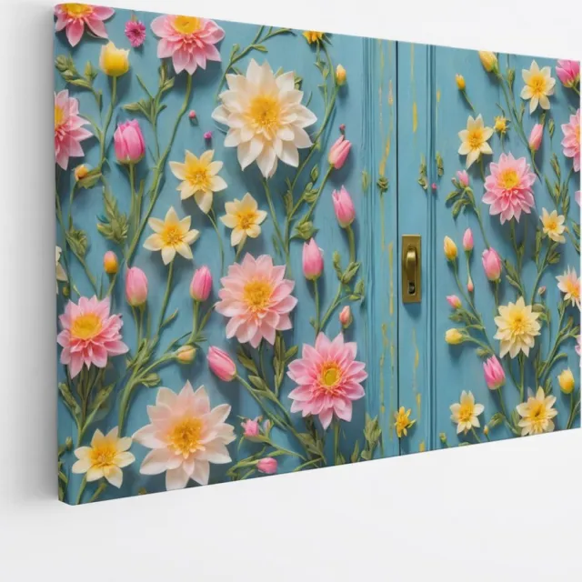 Saammp Canvas Schilderij - Bloemen op deur - Abstract - 90x60 - Foto op canvas - Wanddecoratie - Muurdecoratie Woonkamer - Kantoor Decoratie Multicolor