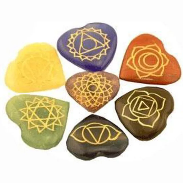 Phoenix Import Mani Bhadra SET 7 chakra symbolen hartvormige halfedelstenen - 3.5 - Edelsteen Meerkleurig