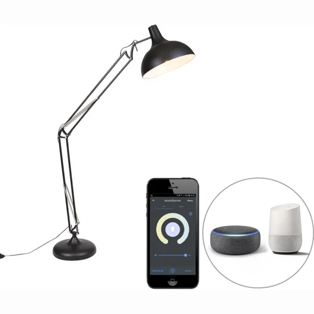 QAZQA hobby fl - Retro LED Smart Vloerlamp | Staande Lamp incl. wifi - 1 lichts - H 185 cm - Zwart - Woonkamer | Slaapkamer Zwart Smart LED