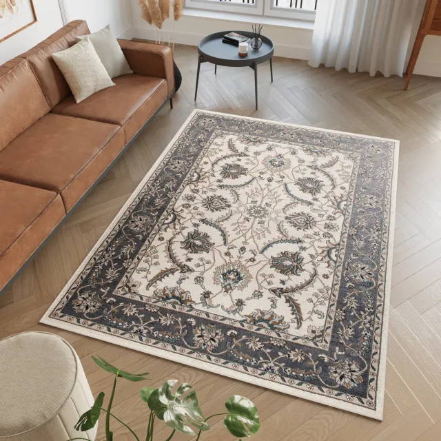 Tapiso Dubai Vloerkleed Bloemen Carpet Oriental Tapijt Oosters Maat- 80x150 Grijs Creme2