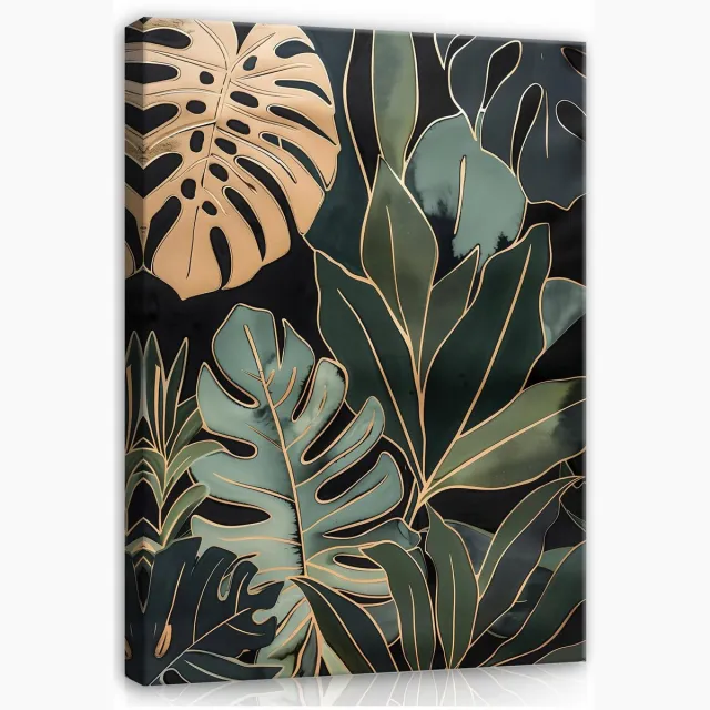 WALLARENA Canvas schilderij - 100x70 cm - afbeelding van groene bladeren met gouden accenten voor slaapkamer en woonkamer multikleurig