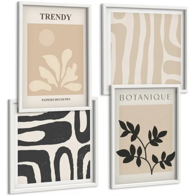 Coloray 4-Delige Schilderij Set - Stijlvolle Plantenpatronen In Beige En Zwarte Tinten. - 40 x 40 En 40 x 60 - Moderne Wanddecoratie - Slaapkamer Witte lijst