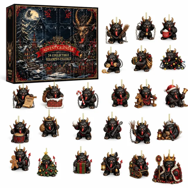 SWGOTA Krampus adventskalender met 24 platte acrylhangers - Gotische kerstdecoratie met ophanglusjes in genummerde doos Zwart