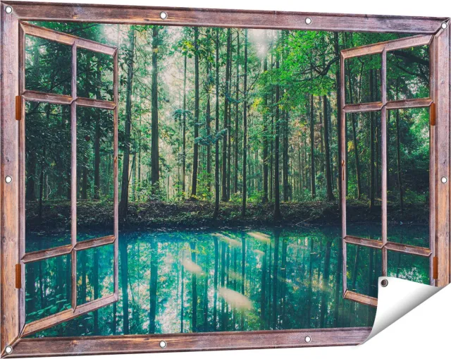 Gards Tuinposter Doorkijk Bos bij een Groen Meer - 120x80 cm - Tuindoek - Tuindecoratie - Wanddecoratie buiten - Tuinschilderij Bruin