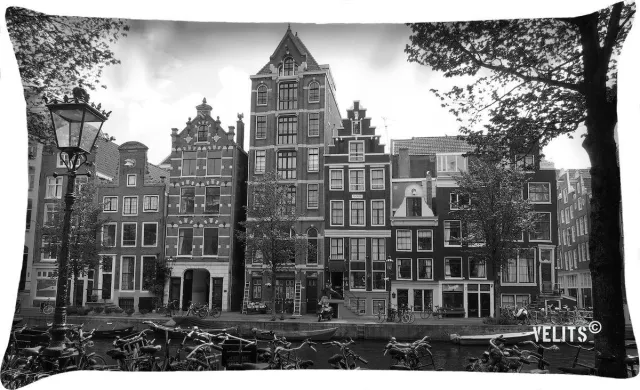 Velits outdoor Sierkussen - Buitenkussen Amsterdam Grachtenpanden Dutchies Waterafstotend Bootkussen - Zwart En Wit - 60 Cm X 40 Cm