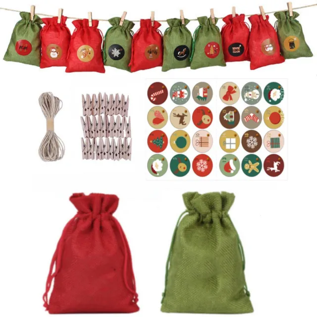 Flintry 24 Stuks Adventskalender Trekkoord Zakjes - DIY Kerst Aftelkalender Set - Kerstcadeauzakken voor Kersttraktaties - Goodiebags en Kerstdecoratie Meerkleurige