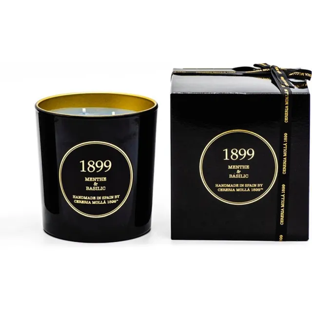 Cereria Mollà 1899 Geurkaars XL 600g Menthe & Basilic Gold Edition 80 branduren luxe kaars 3 wieken sojawas katoenen lont zwart + goud