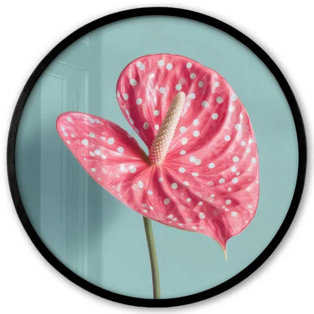 FrameYourWall Poster in lijst Rond - Fotolijst 40x40 cm - Posters - Blad - Anthurium - Stippen - Roze - Ronde posterlijst zwart - Decoratie - Wanddecoratie woonkamer - Muurdecoratie slaapkamer